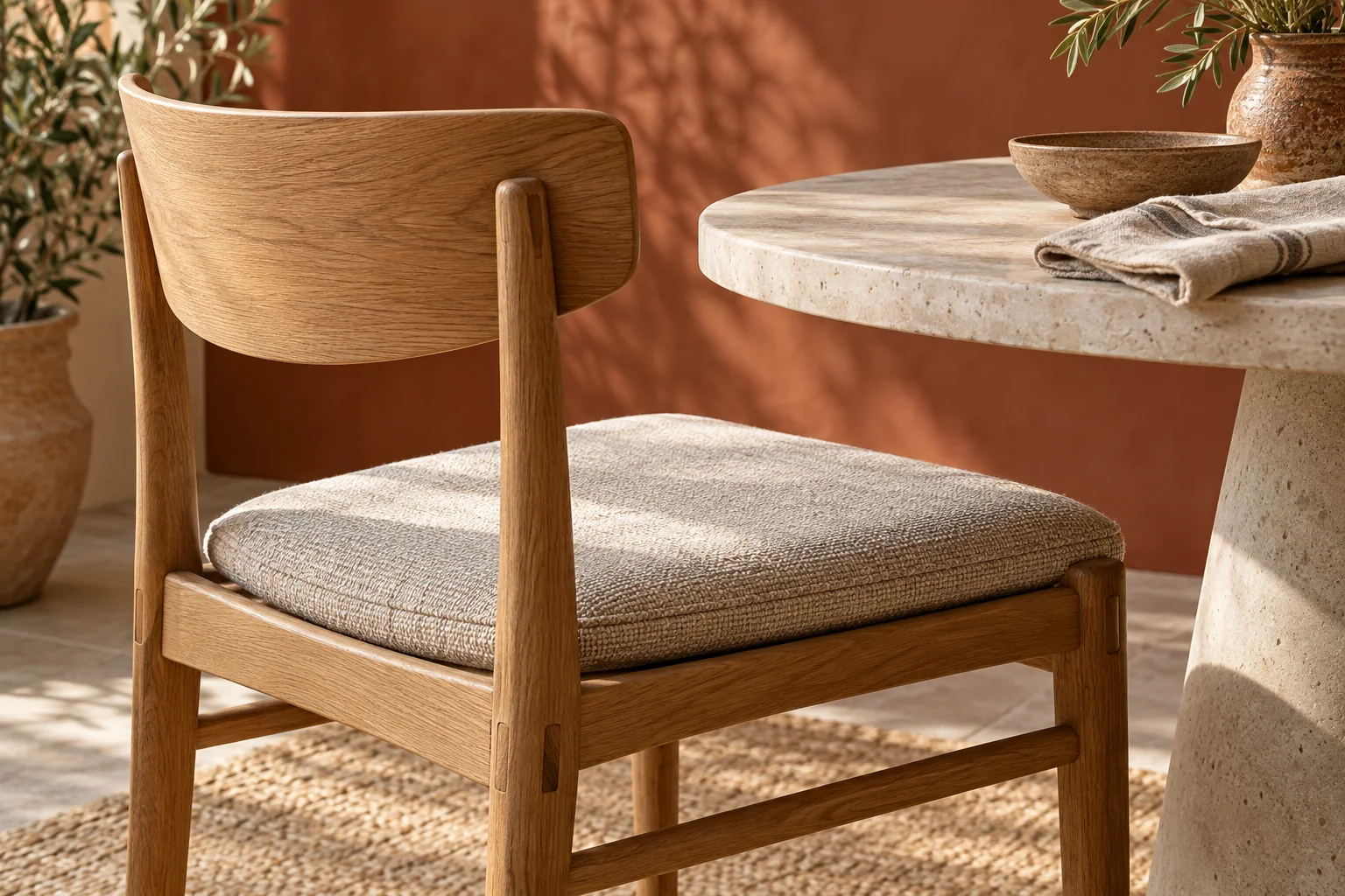 Oak chair with a textured seat cushion beside a stone table