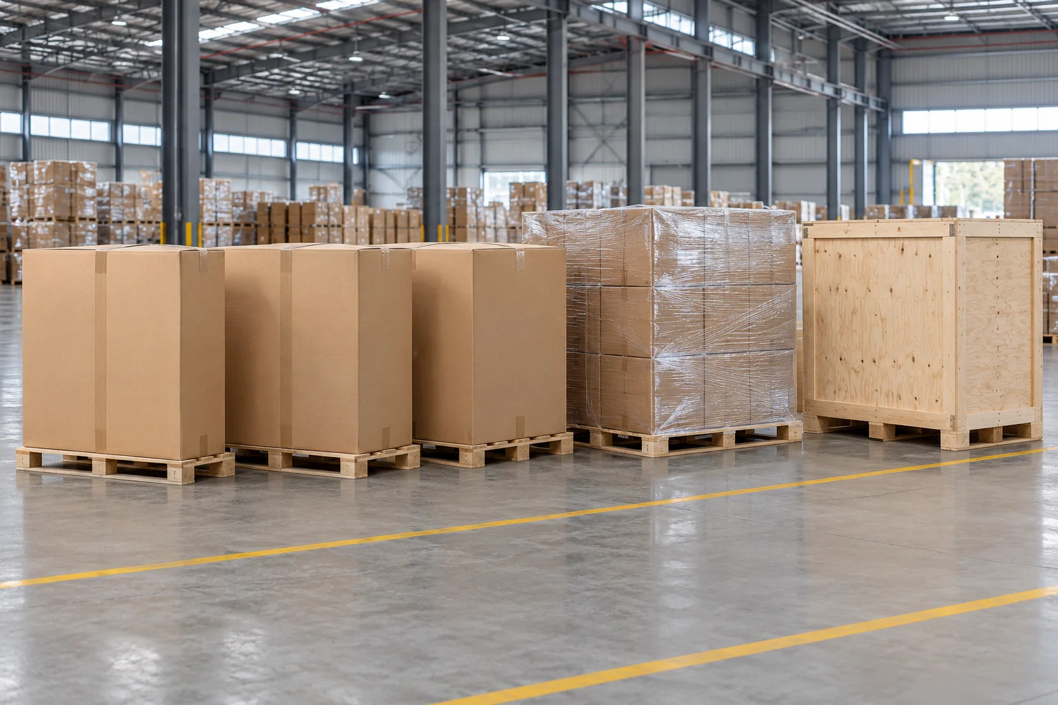 Sealed cartons, a wrapped pallet, and a closed wooden crate awaiting dispatch inside a factory