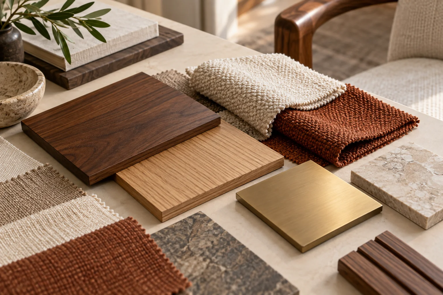Wood, fabric, stone, and brass samples on a review table