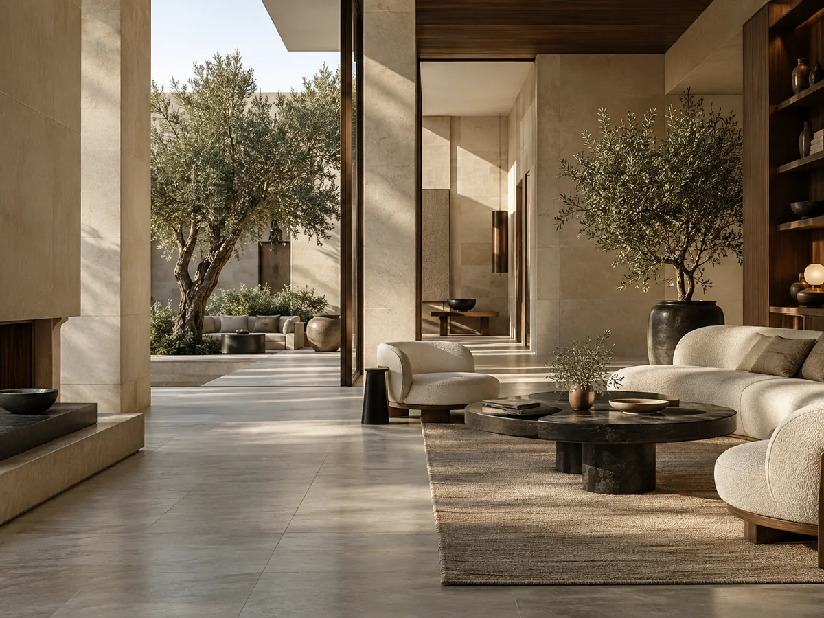 Warm lounge with natural textures and carefully selected furniture