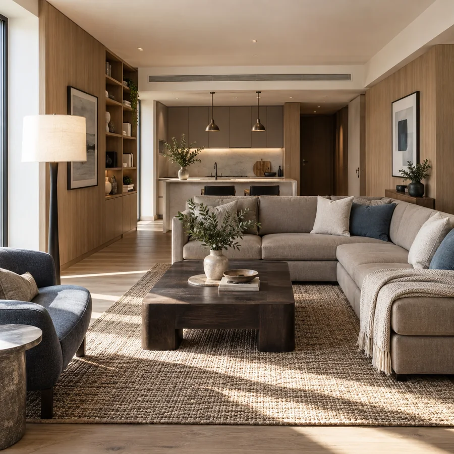 Apartment living area with a curved sofa and wood finishes
