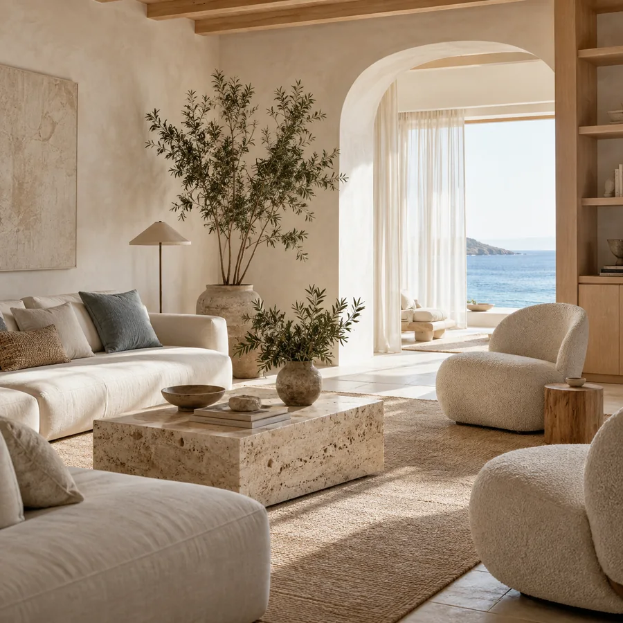 Hotel lounge with warm wood and light stone